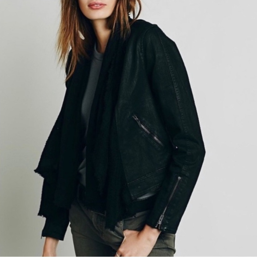 Free People Drape Front Denim Knit Moto Jacket